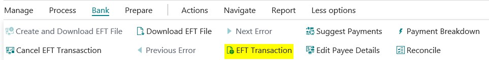 Payment Journal menu EFT Transaction