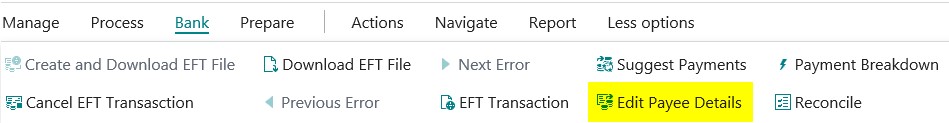 Payment journal menu Edit Payee Details